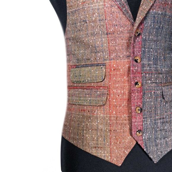 Mens Plaid Vest 42R Multicolor Patchwork Wool Waistcoat Formal Wedding Party - Picture 7 of 10